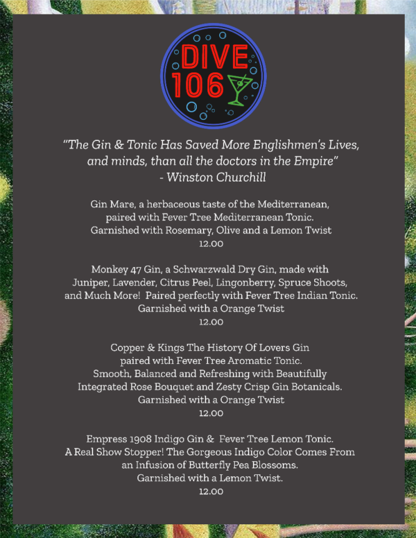 Special Gin & Tonic Menu Dive Bar NYC
